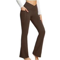 BSLVWG Bootcut Yoga Hose mit Taschen für Frauen Sporthose Hohe Taille Crossover Workout Bootleg Bauchkontrolle Arbeitshose (DE/NL/SE/PL, Bundweite, XXL, Große Größen, Regular, Kaffee) von BSLVWG