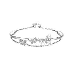 BSLVWG Butterfly Layered Armband für Frauen Silber Schmetterling Kette Armband Verstellbarer Armreif Double Layer Dainty Schmuck für Frauen Mädchen (01) von BSLVWG