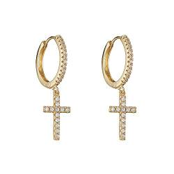 BSLVWG Cross Hoop Ohrringe Strass 14K Gold/Weißgold überzogenes Kreuz Huiggie Hoop Leichte hypoallergene Ohrringe für empfindliche Ohrringe Drop Dangle Ohrringe für Frauen (Gold) von BSLVWG