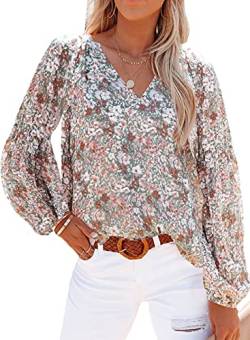 BSLVWG Damen V-Ausschnitt Tops Puff Langarm T-Shirt Plissee Floral Printed Tunika Bluse Shirts Chiffon Blusen Tops Casual T-Shirts (DE/NL/SE/PL, Alphanumerisch, L, Regular, Regular, Bunt) von BSLVWG