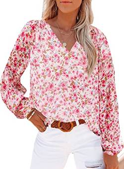 BSLVWG Damen V-Ausschnitt Tops Puff Langarm T-Shirt Plissee Floral Printed Tunika Bluse Shirts Chiffon Blusen Tops Casual T-Shirts (DE/NL/SE/PL, Alphanumerisch, M, Regular, Regular, Rosa) von BSLVWG