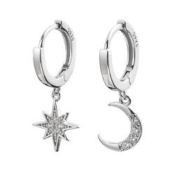 BSLVWG Mond Stern baumeln kleine Creolen für Frauen Mädchen Sterling Silber Charms Kristall asymmetrische Schneeflocke Halbmond Tropfen Mini Knorpel Clip Schmuck zarte Mode von BSLVWG