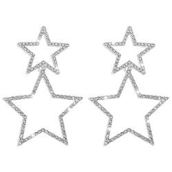 BSLVWG Strass Big Star Dangle Ohrringe für Frauen Mädchen Kristall Lange Quaste Sterne Charms Drop Dangling Stud Mode Leichtes Festival Weihnachten Geburtstag (Silber) von BSLVWG