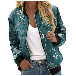 BSWFA Jacke Damen Frühling Leicht, Frühling Herbst Langram Casual Jacke Mode Blumenmuster Bomberjacke Damen Winter Kurz Jacke Reißverschluss Stehkragen Outwear Sweatshirt Jacke Damen Z01E-Grün L von BSWFA