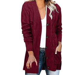 Damen Cardigan Langarm Button Down Strickjacke Herbst Winter Casual Strickcardigan Open Front Sweater mit Taschen (#01D-Wine, L) von BSWFA