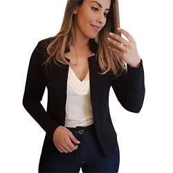 Damen Slim Fit Blazer Elegant Anzugjacke Vorne Offener Kurz Blazer Einfarbig Langarm Rever Jacke Coat Outwear für Office Business (#01B-Schwarz, S) von BSWFA