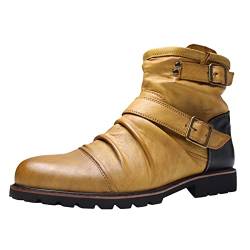 Klein Schuhe Herren Boots Herrenschuhe High Top Lederstiefel Vintage Gürtelschnalle Plissee Seitlicher Reißverschluss Kurze Stiefel Winter Schuhe Für Herren (45, Gelb) von BSWFA