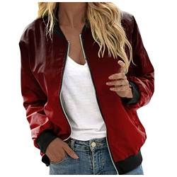 Sommerjacke Damen Elegant, Bomberjacke Ladies Light Bomber Jacket Leichte Fliegerjacke Blouson Pilotenjacke Kurzjacke Damenjacke Herbst Frühling College Jacke Funktionsjacke Damen Z01H-Wein L von BSWFA