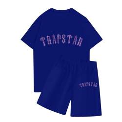 BTBDYDH Trapstar T-Shirt Damen Trainingsanzüge 2-teiliger Kurzarm-T-Shirt-Anzug Trapstar Logo bedruckter Herren-Trainingsanzug Jogginganzug und Shorts T-Shirt-Set Unisex (02-Blau,M) von BTBDYDH