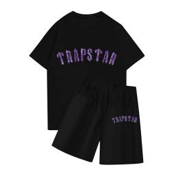 BTBDYDH Trapstar T-Shirt Damen Trainingsanzüge 2-teiliger Kurzarm-T-Shirt-Anzug Trapstar Logo bedruckter Herren-Trainingsanzug Jogginganzug und Shorts T-Shirt-Set Unisex (02-Schwarz,L) von BTBDYDH