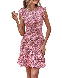 BTFBM Casual Frauen Rüschen Ärmel Sommer Strand Kleid 2023 Elegante Floral Bodycon Geräucherte Mini Meerjungfrau Cocktail Kurze Kleider, Blumig Rosa Gelb, Mittel von BTFBM