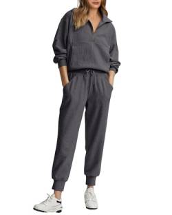 BTFBM Damen 2 Stück Trainingsanzug Herbst Outfits 2023 Langarm Half Zip Sweatshirt Sweatpants Lounge Set Sweatsuits, Dunkelgrau, Large von BTFBM