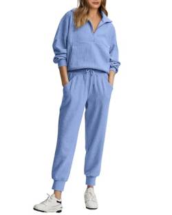 BTFBM Damen 2 Stück Trainingsanzug Herbst Outfits 2023 Langarm Half Zip Sweatshirt Sweatpants Lounge Set Sweatsuits, Einfarbig Hellblau, Large von BTFBM