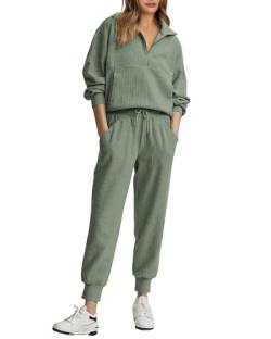 BTFBM Damen 2 Stück Trainingsanzug Herbst Outfits 2023 Langarm Half Zip Sweatshirt Sweatpants Lounge Set Sweatsuits, Festes Obstgrün, Large von BTFBM