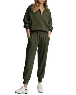 BTFBM Damen 2 Stück Trainingsanzug Herbst Outfits 2023 Langarm Half Zip Sweatshirt Sweatpants Lounge Set Sweatsuits, Solides Armeegrün, X-Large von BTFBM