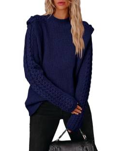 BTFBM Damen 2023 Herbst Langarm Pullover Rundhals Solide Zopfmuster Chunky Casual Oversized Pullover Pullover Tops, Solid Navy, X-Groß von BTFBM