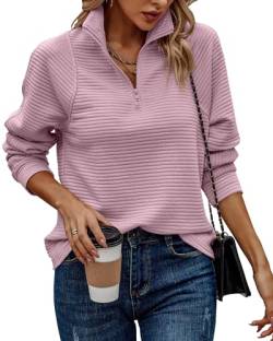 BTFBM Damen 2023 Herbst Mode Viertel Reißverschluss Sweatshirts Halber Reißverschluss Casual Langarm Einfarbig V-Ausschnitt Pullover Tops, Solid Pink, L von BTFBM