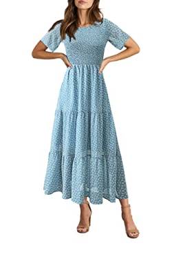 BTFBM Damen Casual Kurzarm Rundhals Sommerkleid Bohemian Floral Printed Flowy Maxikleider Gestuftes Cocktailkleid, Blumenmuster in Blau und Weiß, Klein von BTFBM