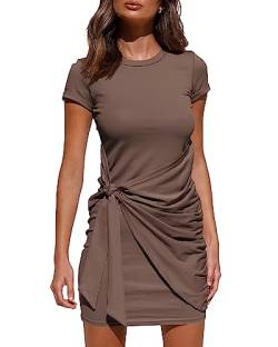 BTFBM Damen Casual Rundhals Kurzarm Solid Plain Ruched Bodycon T-Shirt Sonne Strand Kleid Sommer Kurz Minikleider - Braun - Klein von BTFBM