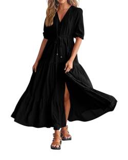 BTFBM Damen-Sommerkleid, kurze Ärmel, V-Ausschnitt, Knopf, Kordelzug, Maxikleid, einfarbig, Boho, langes Kleid, Einfarbig Schwarz, XX-Large von BTFBM