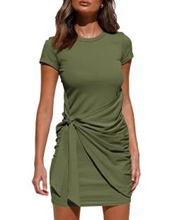 BTFBM Frauen 2023 Frühling Casual Kurzarm Rüscht Bodycon Tank T Shirt Kleid Tie Taille Sonne Strand Sommer Minikleider, Kurzarm Army Green, Mittel von BTFBM