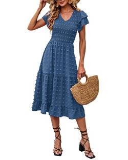 BTFBM Frauen Casual Sommer Kurze Rüschen Tiered Sleeve Gesmokte Midi Kleider Bohemian Floral V Ausschnitt Hochzeit Gast Lange Kleider, Blau, Mittel von BTFBM