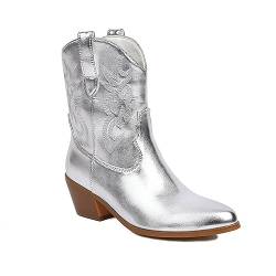 BTNCL Cowgirl-Stiefel Genähte Stiefeletten für Damen, spitze Zehenpartie niedrige klunky Absatz Western Cowboystiefel,Silber,40 EU von BTNCL