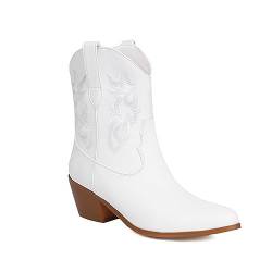 BTNCL Cowgirl-Stiefel Genähte Stiefeletten für Damen, spitze Zehenpartie niedrige klunky Absatz Western Cowboystiefel,Weiß,46 EU von BTNCL
