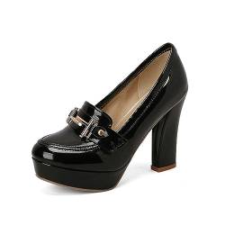 BTNCL Damen-Pumps mit rundem Zehenbereich, niedrigem Plateau und hohem Absatz, Slip-On-Slipper, Leder-Patchwork, für Damen und Mädchen, Büro,Schwarz,43 EU von BTNCL