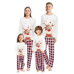 Weihnachten Familie Pyjama Set Lange Sleepwear Nachtwäsche Ärmel Niedlich Elch Druck Rundhal Sausschnitt Plaid Schlafanzug Family Loungewear Outfit Geeignet Für Damen Herren Kinder und Baby Beige von BTONGE