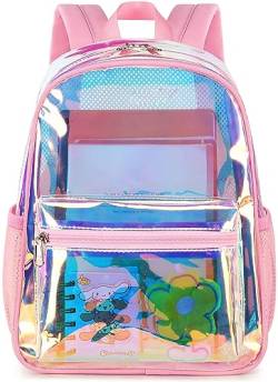 BTOOP Klarer Mini-Rucksack, leicht, durchsichtig, Büchertasche, kleine transparente Tasche für Schule, Arbeit, Sport, Stadion, Sicherheit, Hologramm-Pink, Small, Classic von BTOOP
