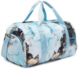 Duffle Bag für Fitnessstudio, Sport, Damen, Mädchen, Workout, Reisetasche, Weekender mit Schuhfach und Nassfach, L, Marble 26 - Blau von BTOOP