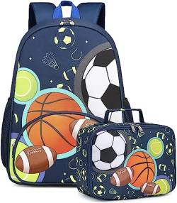 Rucksack für Kinder Jungen Mädchen Vorschule Kindergarten Büchertasche Set mit Lunchbox Kleinkind Schultasche, Marineblau-Sportball, Rucksack von BTOOP