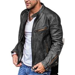 Casual Jacke Herren Einfarbig Frühling Herbst Lederjacke Herren Stehkragen Mehrere Taschen Motorradjacke Herren Reißverschluss Dekoration Übergangsjacke Herren B-Black XL von BUGGOF