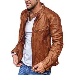 Casual Jacke Herren Einfarbig Frühling Herbst Lederjacke Herren Stehkragen Mehrere Taschen Motorradjacke Herren Reißverschluss Dekoration Übergangsjacke Herren D-Dark Brown L von BUGGOF