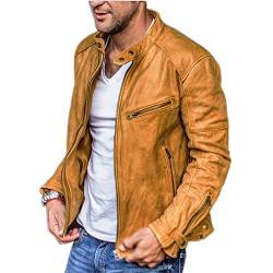 Casual Jacke Herren Einfarbig Frühling Herbst Lederjacke Herren Stehkragen Mehrere Taschen Motorradjacke Herren Reißverschluss Dekoration Übergangsjacke Herren E-Light Brown M von BUGGOF