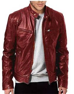 Langarm Jacke Herren Frühling Herbst Gutaussehend Lederjacke Herren Stehkragen Trend Persönlichkeit Motorradjacke Herren Reißverschluss Taschen Winddichte Jacke Männer B-Red1 5XL von BUGGOF