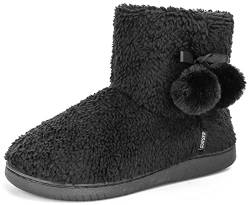 BUGUKI Hausstiefel Damen Plüsch Gefüttert Hüttenschuhe Frauen Winter Hüttenstiefel Plüsch Strick Warm Hausschuhe Hohe Pantoffeln Stiefel Slipper Boot, Schwarz Gr 36 37 von BUGUKI