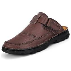 BUGUKI Herren Pantoletten Leder Clogs Sommer Sandalen Geschlossen Sandaletten Männer Weiche Dicke Sohle Dunkel Braun gr 43 von BUGUKI