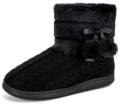 BUGUKI Hüttenschuhe Damen Plüsch Gefüttert Hausstiefel Frauen Winter Hüttenstiefel Plüsch Strick Warm Hausschuhe Hohe Pantoffeln Stiefel Slipper Boot, Schwarz Gr 40 41 von BUGUKI