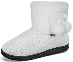 BUGUKI Hüttenschuhe Damen Plüsch Gefüttert Hausstiefel Frauen Winter Hüttenstiefel Plüsch Strick Warm Hausschuhe Hohe Pantoffeln Stiefel Slipper Boot, Weiß Gr 40 41 von BUGUKI