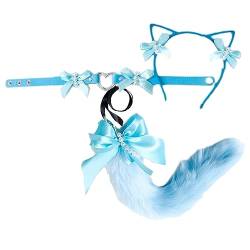 BUHIM Damen Katze Cosplay Kostüm Handgemachte Fuchs Kostüm Katze Ohr Stirnband Schwanz Hals Kragen Set (Blau) von BUHIM