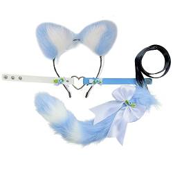 BUHIM Damen Katze Cosplay Kostüm Handgemachte Fuchs Kostüm Katze Ohr Stirnband Schwanz Hals Kragen Set (Blau Weiß) von BUHIM