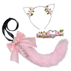 BUHIM Damen Katze Cosplay Kostüm Handgemachte Fuchs Kostüm Katze Ohr Stirnband Schwanz Hals Kragen Set (Rosa) von BUHIM