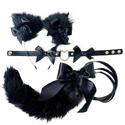 BUHIM Damen Katze Cosplay Kostüm Handgemachte Fuchs Kostüm Katze Ohr Stirnband Schwanz Hals Kragen Set (Schwarz) von BUHIM