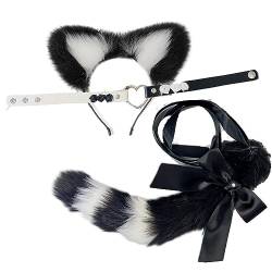 BUHIM Damen Katze Cosplay Kostüm Handgemachte Fuchs Kostüm Katze Ohr Stirnband Schwanz Hals Kragen Set (Schwarz Weiß) von BUHIM