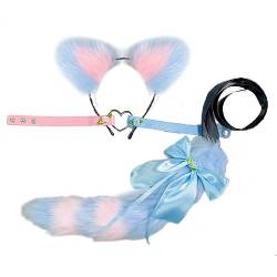 BUHIM Katze Cosplay Kostüm Handgemachte Fuchs Kostüm Katze Ohr Stirnband Schwanz Hals Kragen Set (Rosa Blau) von BUHIM