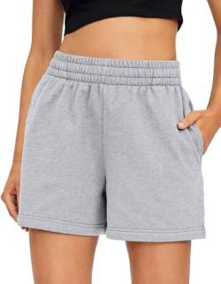 BUHIM Shorts Damen Kurze Hose Sommer Sport Shorts Baumwolle Casual Kurz Jogginghose Sporthose Bequeme High Waist Running Shorts mit Taschen (Hellgrau, M) von BUHIM