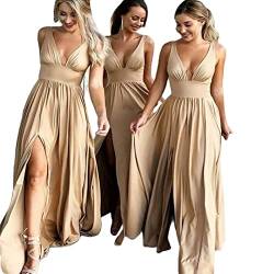 BUJNIE Brautjungfernkleid Seite Split V-Ausschnitt Champagner Gold Brautjungfer Kleider Lang Elegant Kleid Frauen Für Hochzeit Party Übergröße Brautjungfer Kleider von BUJNIE