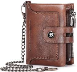 BULLCAPTAIN Bifold Herren-Geldbörse mit Kette, echtes Leder, RFID-blockierend, abnehmbarer Reißverschluss, Münzbörse mit Ausweisfenster, Braun, Retro-Mode von BULLCAPTAIN